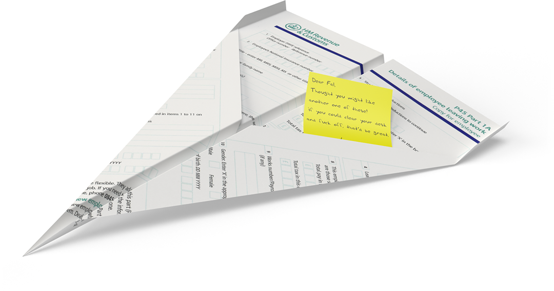 Paper aeroplane made from a P45 form